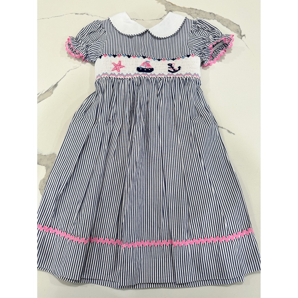 Marmellata Girls Size 5 Smocked Nautical Stripe Dress Sailboat‎ Anchor Pink Trim